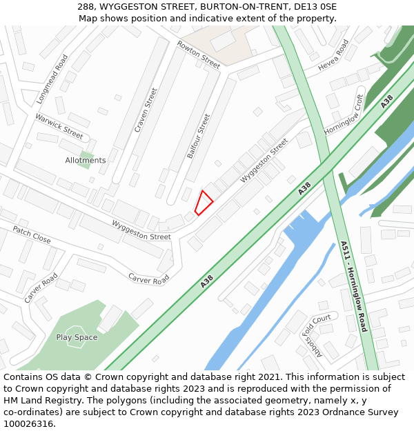 288, WYGGESTON STREET, BURTON-ON-TRENT, DE13 0SE: Location map and indicative extent of plot