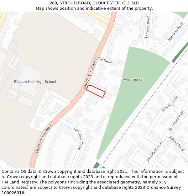 289, STROUD ROAD, GLOUCESTER, GL1 5LB: Location map and indicative extent of plot