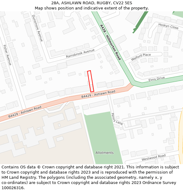 28A, ASHLAWN ROAD, RUGBY, CV22 5ES: Location map and indicative extent of plot