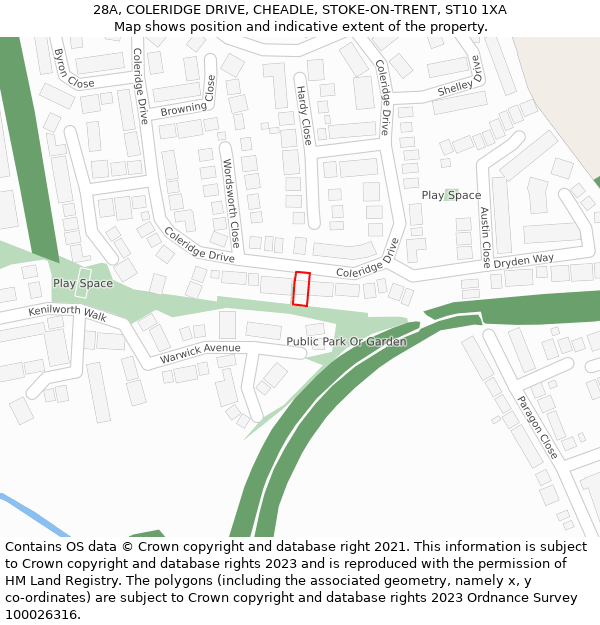 28A, COLERIDGE DRIVE, CHEADLE, STOKE-ON-TRENT, ST10 1XA: Location map and indicative extent of plot