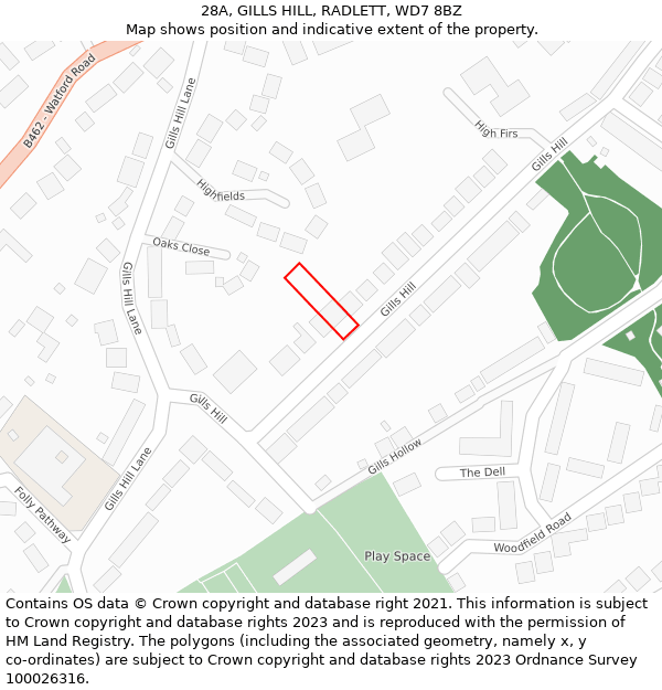 28A, GILLS HILL, RADLETT, WD7 8BZ: Location map and indicative extent of plot