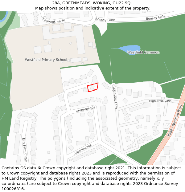 28A, GREENMEADS, WOKING, GU22 9QL: Location map and indicative extent of plot