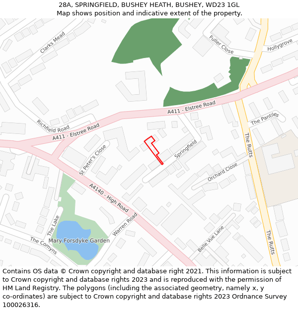 28A, SPRINGFIELD, BUSHEY HEATH, BUSHEY, WD23 1GL: Location map and indicative extent of plot