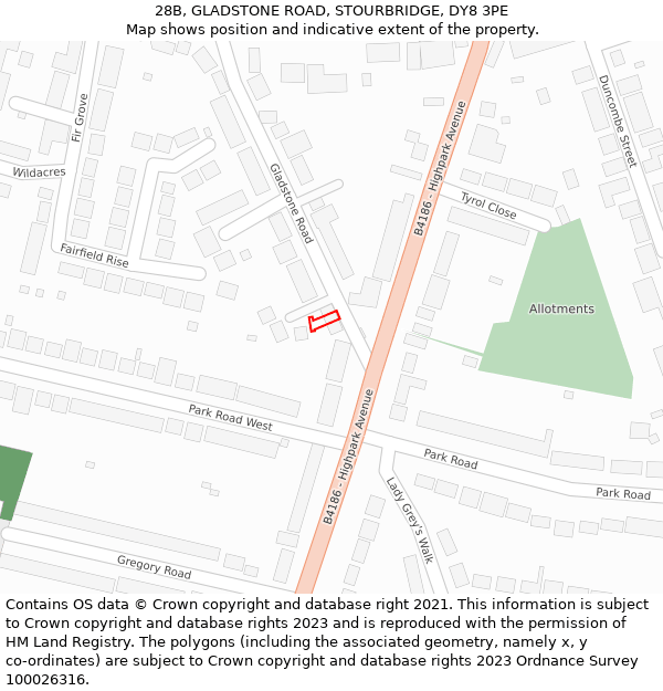 28B, GLADSTONE ROAD, STOURBRIDGE, DY8 3PE: Location map and indicative extent of plot