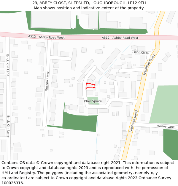 29, ABBEY CLOSE, SHEPSHED, LOUGHBOROUGH, LE12 9EH: Location map and indicative extent of plot