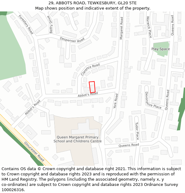 29, ABBOTS ROAD, TEWKESBURY, GL20 5TE: Location map and indicative extent of plot