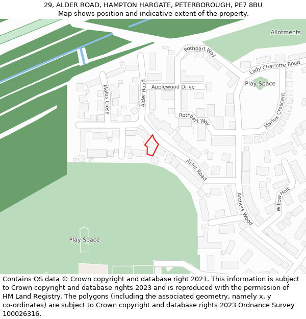 29, ALDER ROAD, HAMPTON HARGATE, PETERBOROUGH, PE7 8BU: Location map and indicative extent of plot