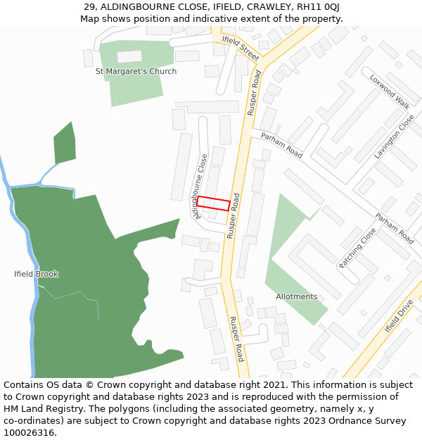 29, ALDINGBOURNE CLOSE, IFIELD, CRAWLEY, RH11 0QJ: Location map and indicative extent of plot