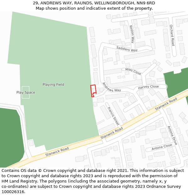 29, ANDREWS WAY, RAUNDS, WELLINGBOROUGH, NN9 6RD: Location map and indicative extent of plot