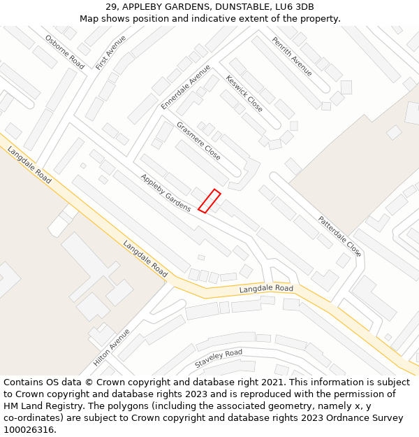 29, APPLEBY GARDENS, DUNSTABLE, LU6 3DB: Location map and indicative extent of plot