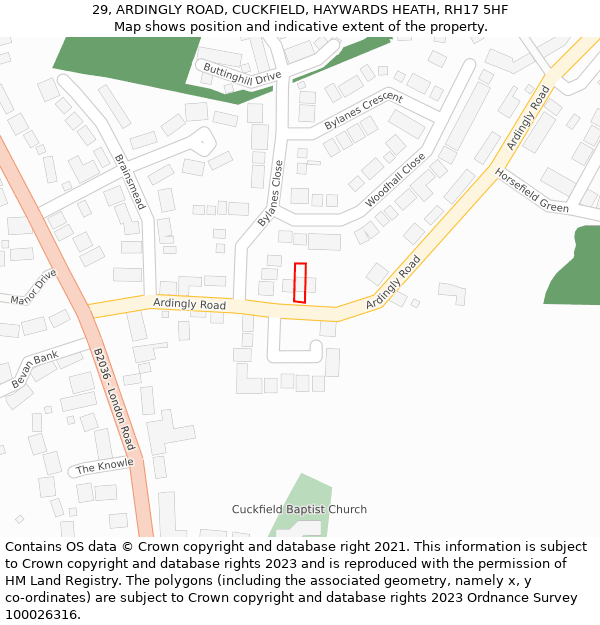 29, ARDINGLY ROAD, CUCKFIELD, HAYWARDS HEATH, RH17 5HF: Location map and indicative extent of plot