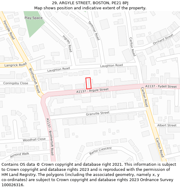 29, ARGYLE STREET, BOSTON, PE21 8PJ: Location map and indicative extent of plot