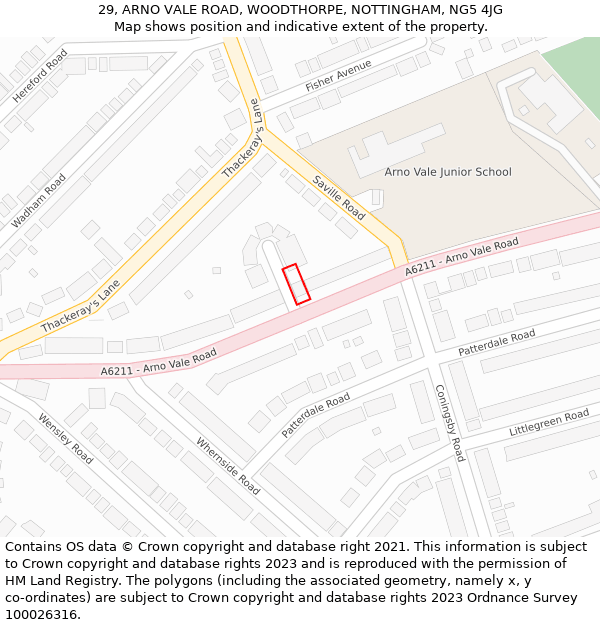 29, ARNO VALE ROAD, WOODTHORPE, NOTTINGHAM, NG5 4JG: Location map and indicative extent of plot