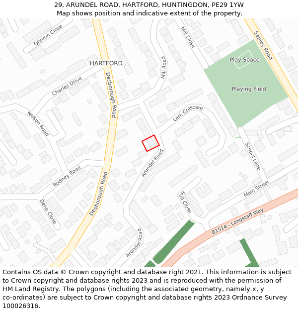 29, ARUNDEL ROAD, HARTFORD, HUNTINGDON, PE29 1YW: Location map and indicative extent of plot