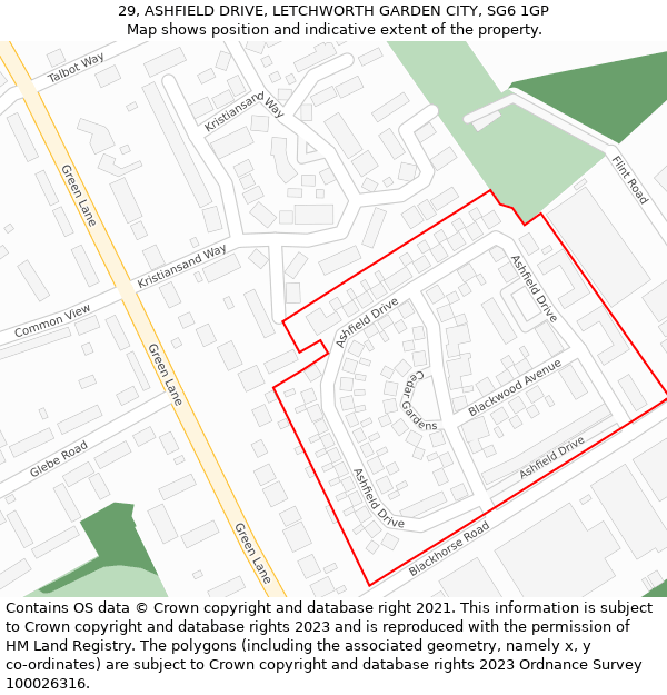 29, ASHFIELD DRIVE, LETCHWORTH GARDEN CITY, SG6 1GP: Location map and indicative extent of plot