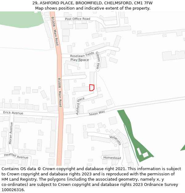 29, ASHFORD PLACE, BROOMFIELD, CHELMSFORD, CM1 7FW: Location map and indicative extent of plot