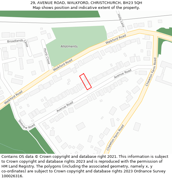 29, AVENUE ROAD, WALKFORD, CHRISTCHURCH, BH23 5QH: Location map and indicative extent of plot