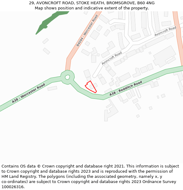 29, AVONCROFT ROAD, STOKE HEATH, BROMSGROVE, B60 4NG: Location map and indicative extent of plot