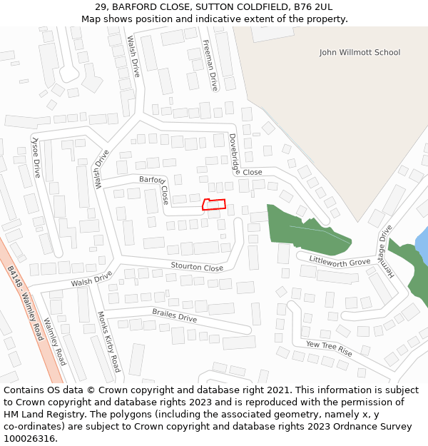 29, BARFORD CLOSE, SUTTON COLDFIELD, B76 2UL: Location map and indicative extent of plot