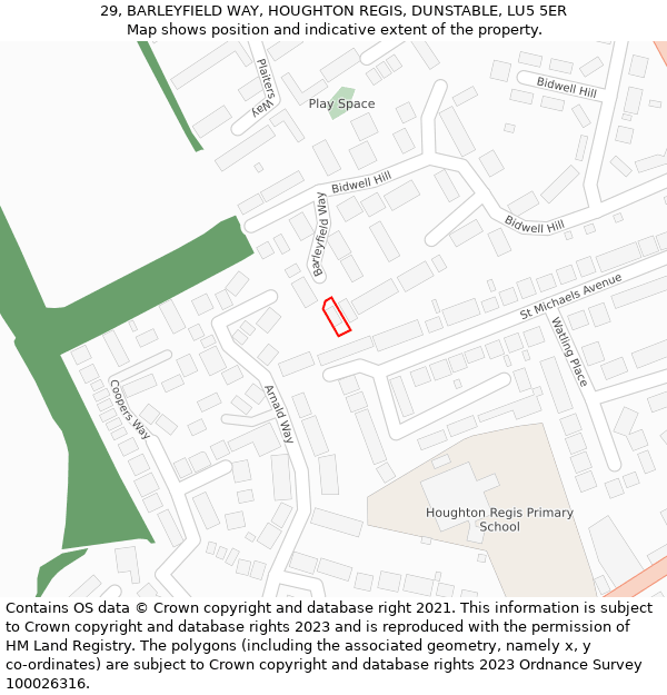 29, BARLEYFIELD WAY, HOUGHTON REGIS, DUNSTABLE, LU5 5ER: Location map and indicative extent of plot