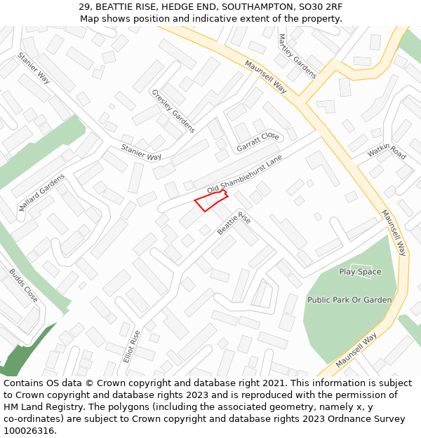 29, BEATTIE RISE, HEDGE END, SOUTHAMPTON, SO30 2RF: Location map and indicative extent of plot