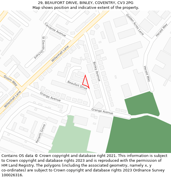 29, BEAUFORT DRIVE, BINLEY, COVENTRY, CV3 2PG: Location map and indicative extent of plot