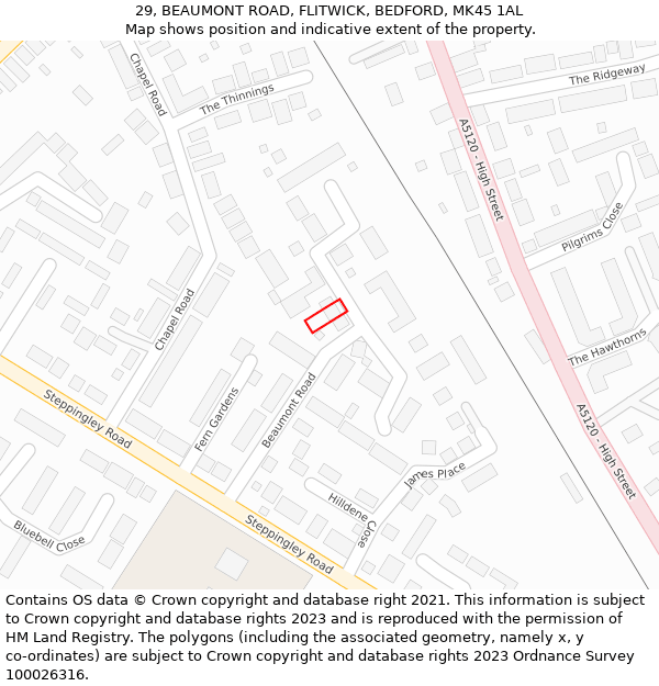 29, BEAUMONT ROAD, FLITWICK, BEDFORD, MK45 1AL: Location map and indicative extent of plot