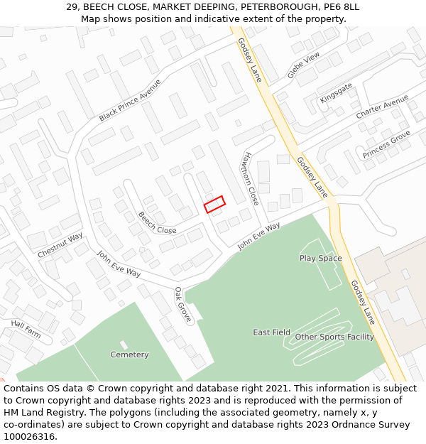 29, BEECH CLOSE, MARKET DEEPING, PETERBOROUGH, PE6 8LL: Location map and indicative extent of plot