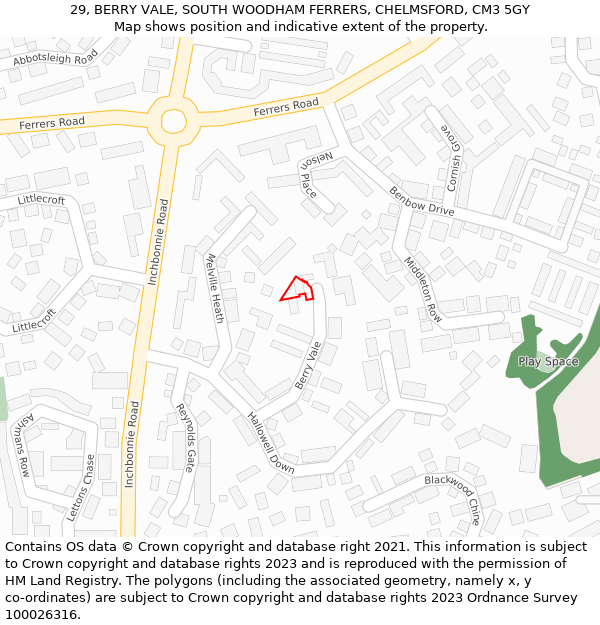 29, BERRY VALE, SOUTH WOODHAM FERRERS, CHELMSFORD, CM3 5GY: Location map and indicative extent of plot