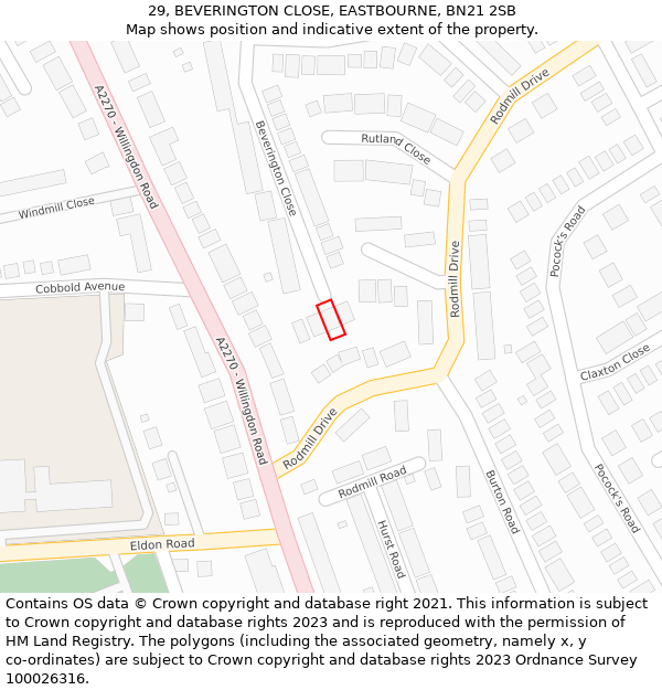 29, BEVERINGTON CLOSE, EASTBOURNE, BN21 2SB: Location map and indicative extent of plot