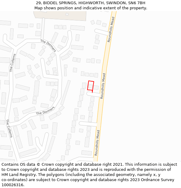 29, BIDDEL SPRINGS, HIGHWORTH, SWINDON, SN6 7BH: Location map and indicative extent of plot