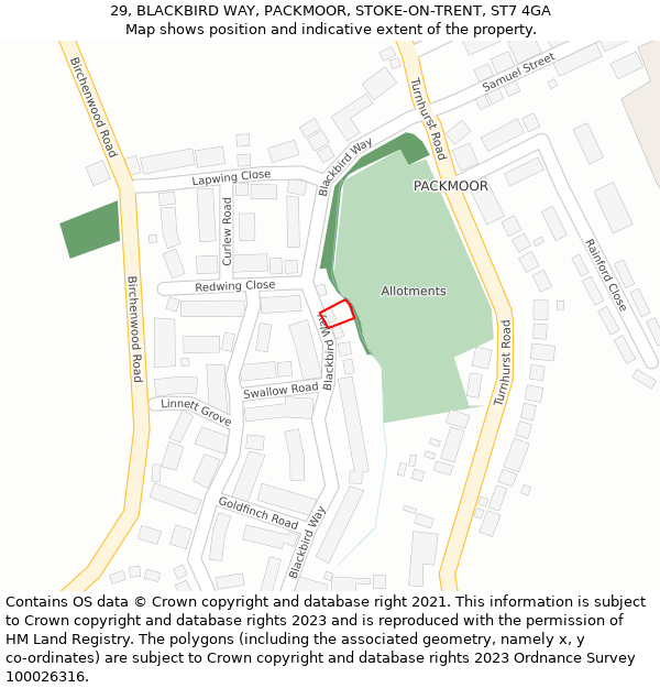 29, BLACKBIRD WAY, PACKMOOR, STOKE-ON-TRENT, ST7 4GA: Location map and indicative extent of plot