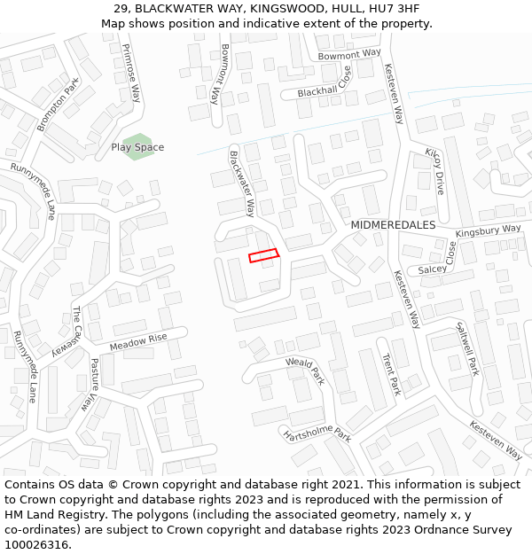 29, BLACKWATER WAY, KINGSWOOD, HULL, HU7 3HF: Location map and indicative extent of plot