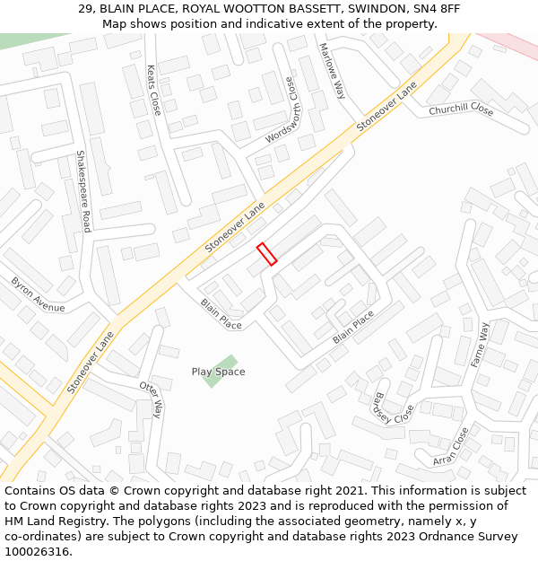 29, BLAIN PLACE, ROYAL WOOTTON BASSETT, SWINDON, SN4 8FF: Location map and indicative extent of plot