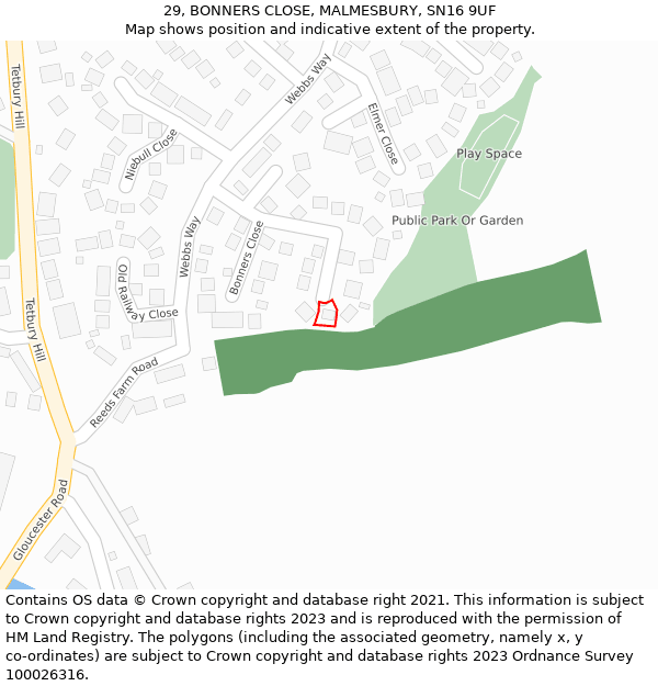 29, BONNERS CLOSE, MALMESBURY, SN16 9UF: Location map and indicative extent of plot