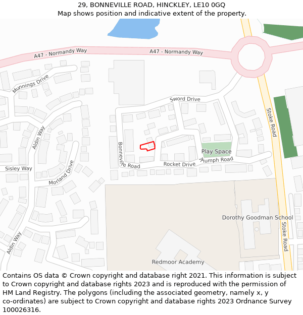 29, BONNEVILLE ROAD, HINCKLEY, LE10 0GQ: Location map and indicative extent of plot