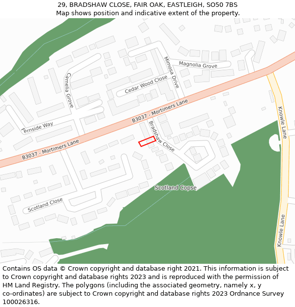 29, BRADSHAW CLOSE, FAIR OAK, EASTLEIGH, SO50 7BS: Location map and indicative extent of plot