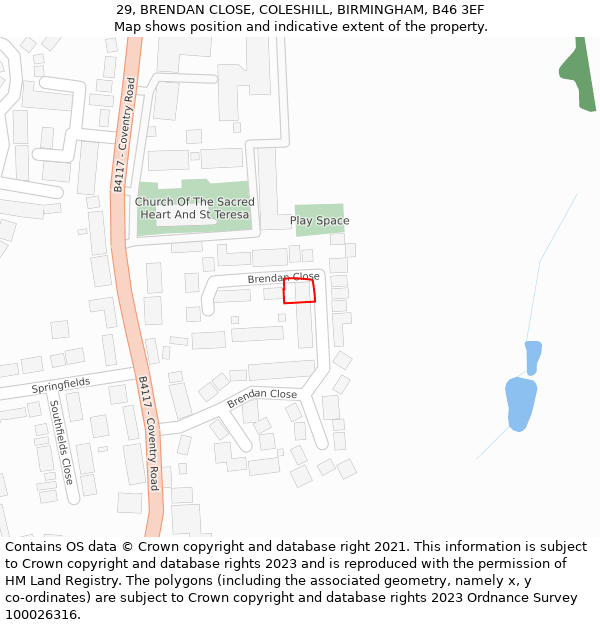 29, BRENDAN CLOSE, COLESHILL, BIRMINGHAM, B46 3EF: Location map and indicative extent of plot