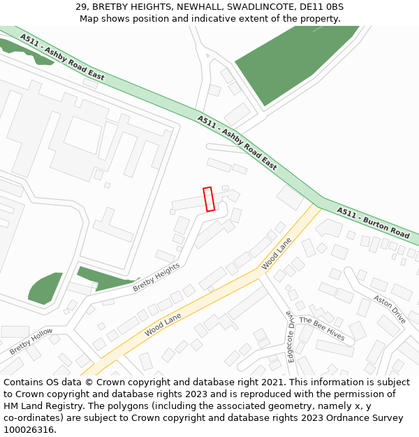 29, BRETBY HEIGHTS, NEWHALL, SWADLINCOTE, DE11 0BS: Location map and indicative extent of plot