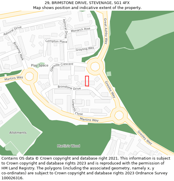 29, BRIMSTONE DRIVE, STEVENAGE, SG1 4FX: Location map and indicative extent of plot