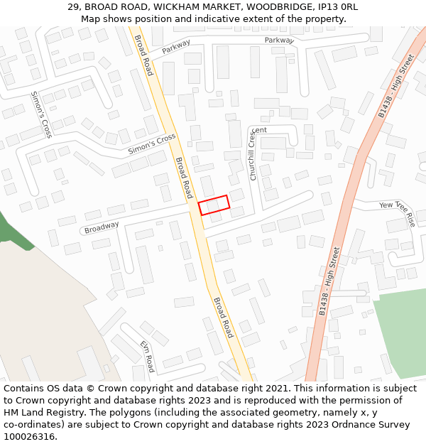 29, BROAD ROAD, WICKHAM MARKET, WOODBRIDGE, IP13 0RL: Location map and indicative extent of plot