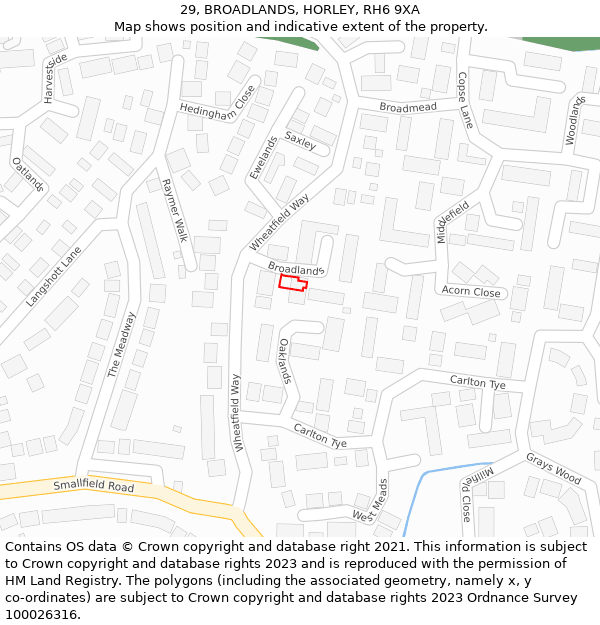 29, BROADLANDS, HORLEY, RH6 9XA: Location map and indicative extent of plot