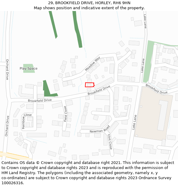 29, BROOKFIELD DRIVE, HORLEY, RH6 9HN: Location map and indicative extent of plot