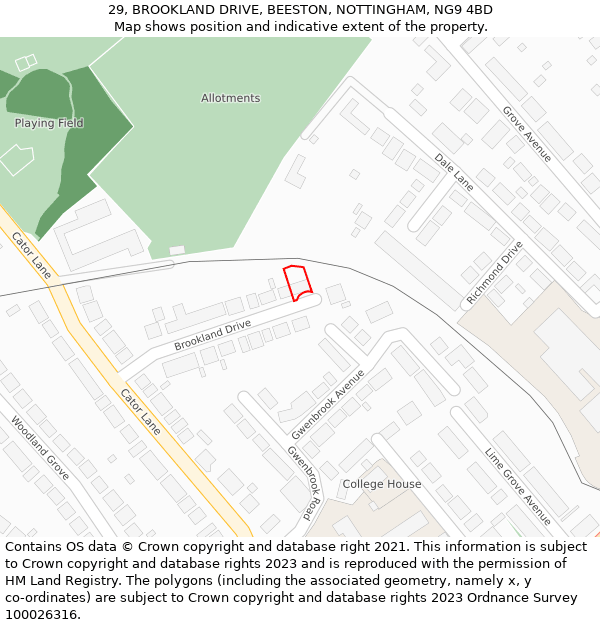 29, BROOKLAND DRIVE, BEESTON, NOTTINGHAM, NG9 4BD: Location map and indicative extent of plot