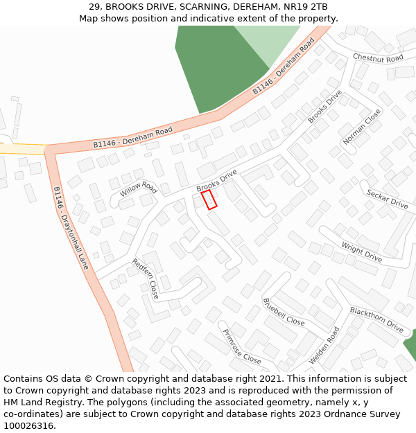 29, BROOKS DRIVE, SCARNING, DEREHAM, NR19 2TB: Location map and indicative extent of plot