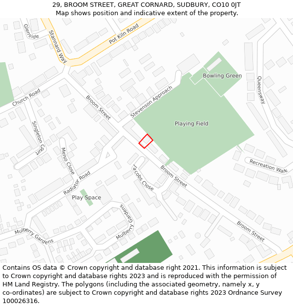 29, BROOM STREET, GREAT CORNARD, SUDBURY, CO10 0JT: Location map and indicative extent of plot