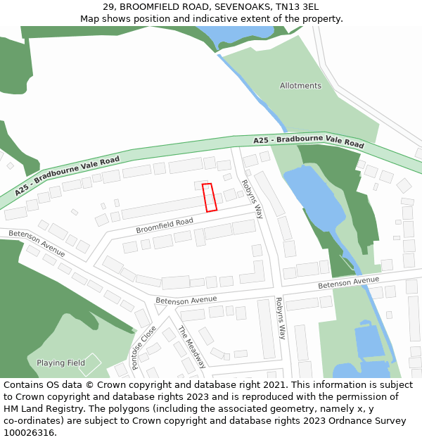 29, BROOMFIELD ROAD, SEVENOAKS, TN13 3EL: Location map and indicative extent of plot