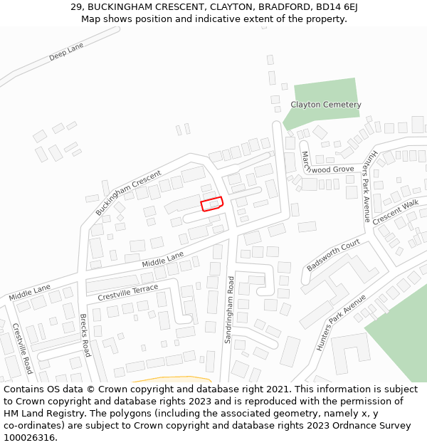 29, BUCKINGHAM CRESCENT, CLAYTON, BRADFORD, BD14 6EJ: Location map and indicative extent of plot