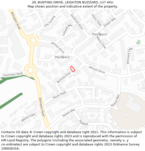 29, BUNTING DRIVE, LEIGHTON BUZZARD, LU7 4AU: Location map and indicative extent of plot