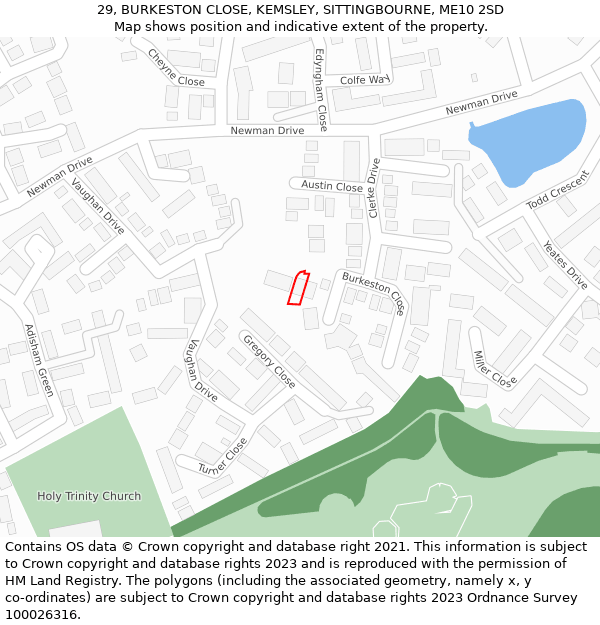 29, BURKESTON CLOSE, KEMSLEY, SITTINGBOURNE, ME10 2SD: Location map and indicative extent of plot